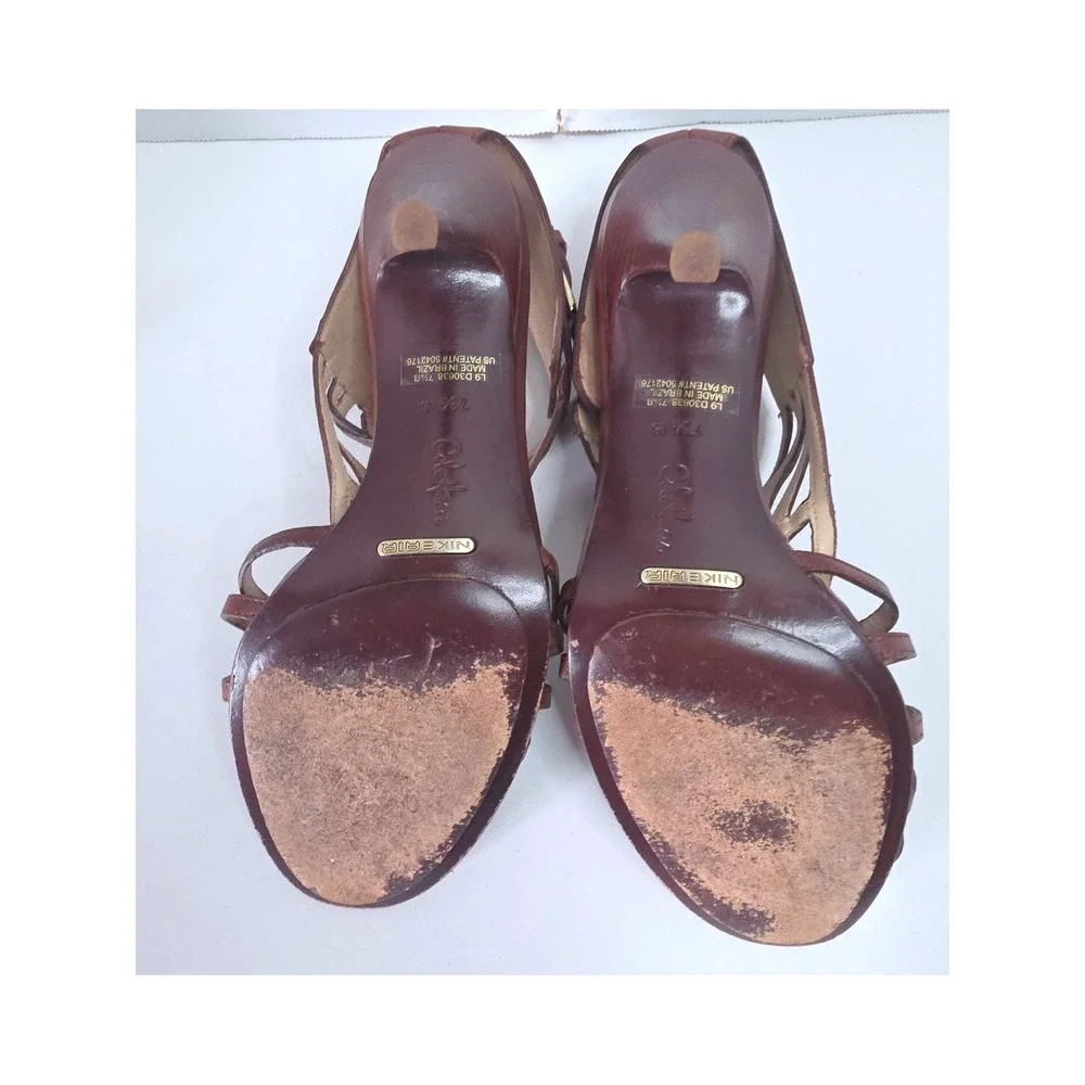 Cole Haan Verona N1ke Air T-strap Caged Heels 7.5 Brown Leather Wood Heel Buckle